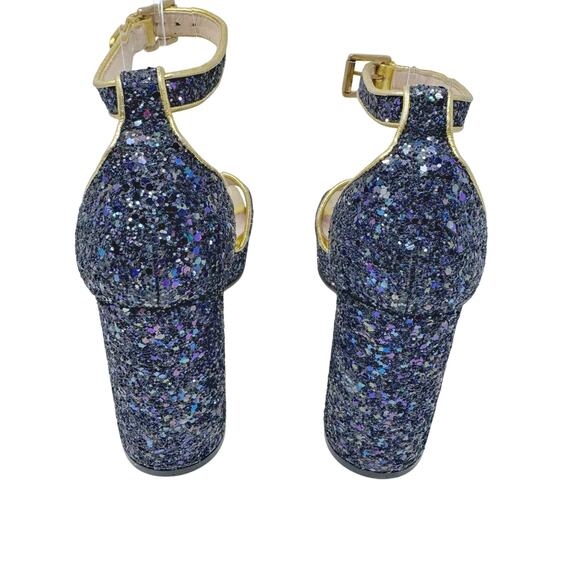 GUCCI Soko Bee Blue Glitter Platform Heels Gold
Trim Ankle Strap Size 38.5 - Picture 10 of 16